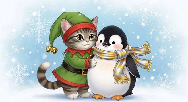 A cute cat in an elf costume hugs a penguin with a scarf, symbolizing friendship and holiday cheer against a snowy backdrop.