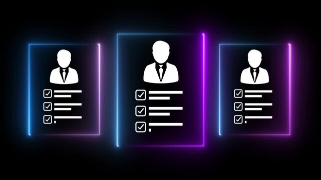 Neon business profile checklist animation: digital user selection and task completion concept