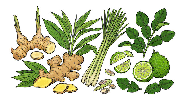 Fresh Ginger, Lemongrass, and Kaffir Lime Leaves: Thai Culinary Ingredients