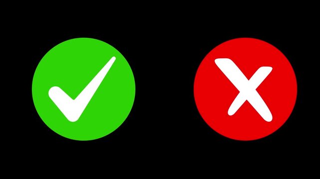 Green checkmark and red x cross symbols animation on black background, for ui ux, and feedback