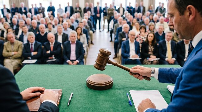 Auctioneer holding wooden gavel before seated audience during professional bidding event or formal court hearing session