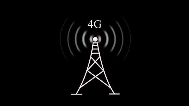 4 g network signal tower animation with pulsing radio waves on black background, for telecommunications technology