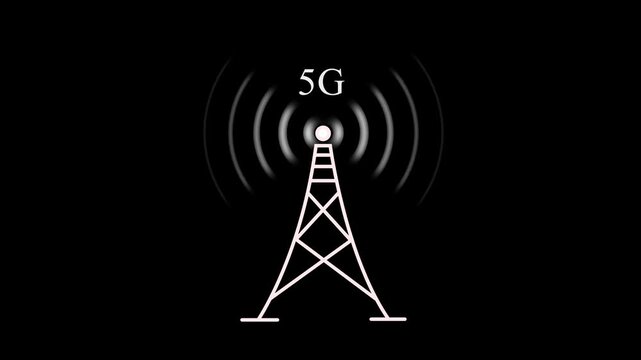 5 g network signal tower animation with radiating wireless waves on black background, connectivity communication