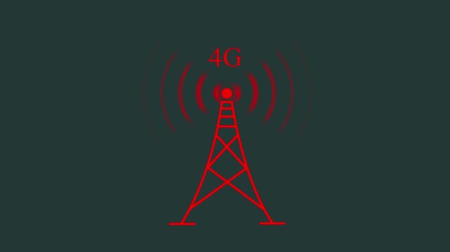 4 g network signal tower animation, wireless communication technology concept, digital data transmission