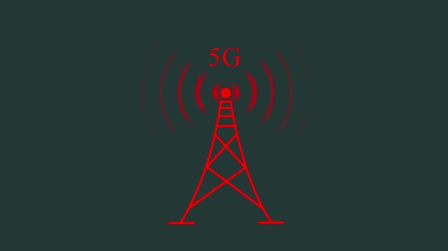 5 g network tower animation with signal waves, digital communication technology concept, high-speed wireless connectivity