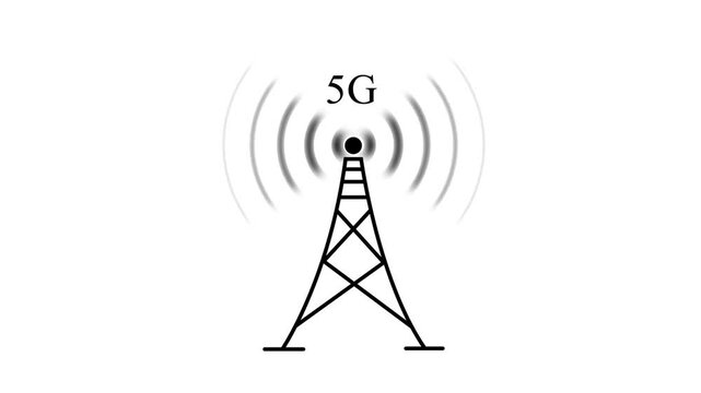5 g network tower with pulsing signal waves animation on white background, connectivity