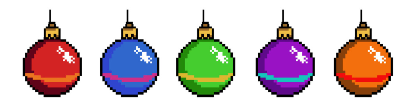 Set of Retro Pixel Christmas Tree Ball Icons 8-Bit Vector Graphic Design