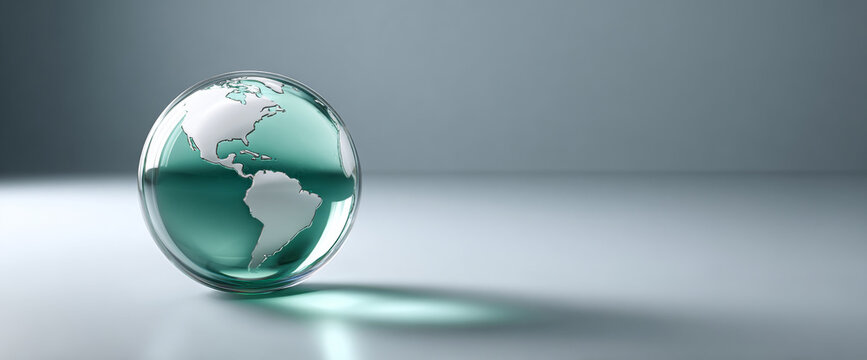 Transparent glass globe with Americas continents displayed, isolated on smooth reflective surface with soft shadow and minimalist background