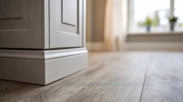 Close-up of wooden cabinet baseboard