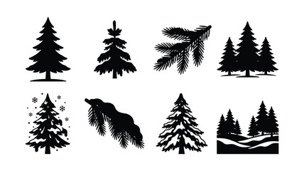 Obraz premium Pine and Christmas Trees Silhouette Set with Winter Forest Landscapes Snowy Firs and Conifer Branches Isolated on White Background