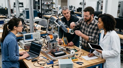 Fototapeta premium A group of engineers testing a robot prototype on a lab workbench, collaborating on advanced robotics technology with electronic equipment, oscilloscopes, and tools in engineering workspace.