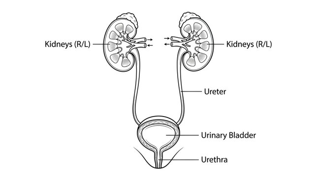 Human Urinary System Anatomy Diagram: Kidneys, Ureter, Bladder, Urethra