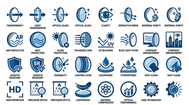 Optics and Lens Technology Icons: Clarity, Protection, and Performance