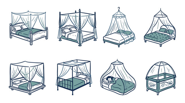 Collection of diverse bed canopy and mosquito net designs for bedroom comfort