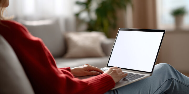 Person using laptop with blank screen sitting on couch in cozy living room environment with natural light and blurred background