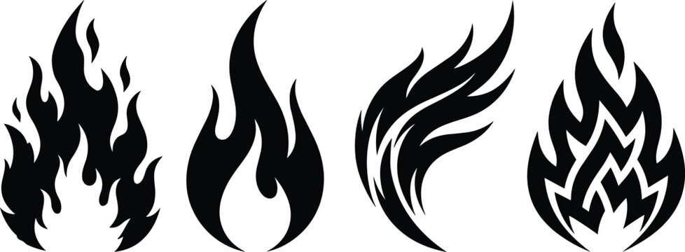 Fire flame silhouette icons set with abstract campfire sparks hot blazing tongues and tribal bonfire tattoos for racing logos
