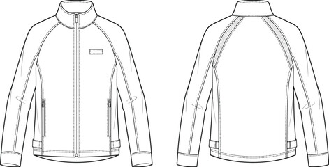 MobileTechnical jacket fashion flat sketch vector CAD drawing front and back views for tech pack presentation © MdSumon