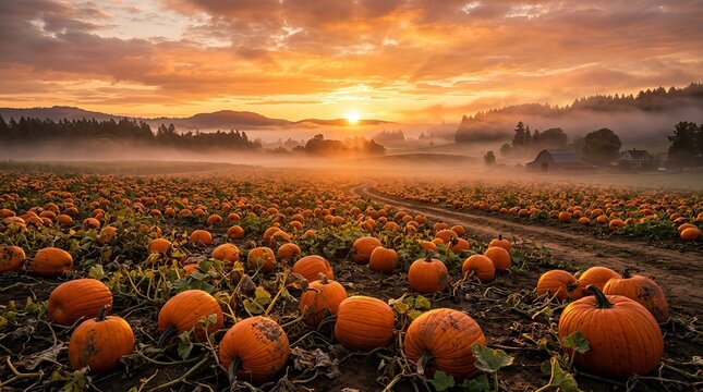Expansive pumpkin patch at sunrise with misty orange sky, rolling hills, distant farmhouse and barn, abundant rows of ripe pumpkins ready for harvest.