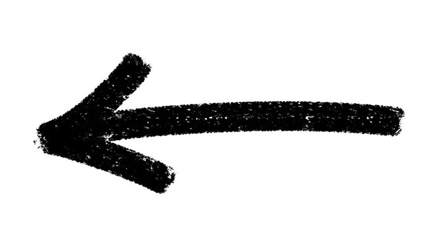 Black grunge left arrow with rough crayon texture. Hand drawn directional symbol isolated for navigation, infographic, signage, UI and creative graphic design.