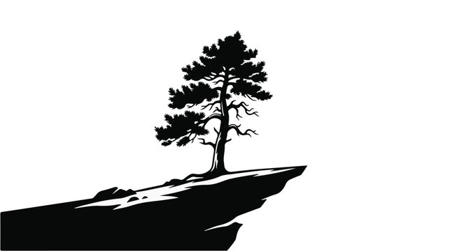 Black silhouette of single pine tree on cliff edge in minimalist landscape design element