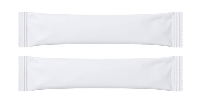 Two blank white stick sachets with crimped edges, isolated on transparent background