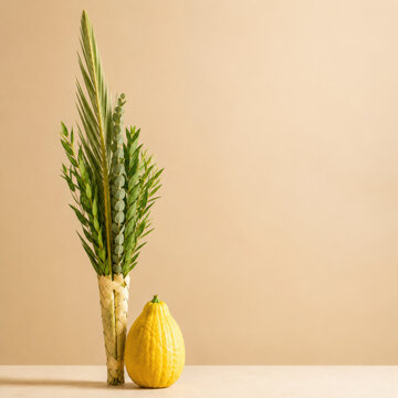 Etrog citron and lulav palm branch with myrtle leaves on beige background, Jewish Sukkot holiday symbols with copy space
