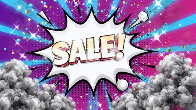 Neon Purple Pink Comic Pop Art Sale Explosion. Vibrant "SALE!" text in a white explosion bubble surrounded by swirling dark grey smoke, colorful confetti, and a neon purple-pink halftone background.