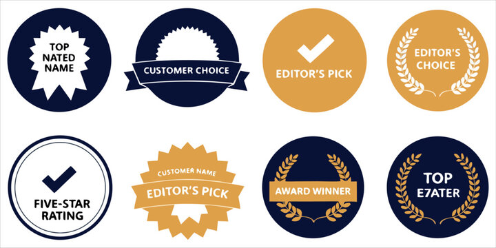 Professional Award Badge Collection with Top Rated and Winner Labels.Premium Quality Seal and Certification Badge Vector Set.Best Choice Award Ribbons and Business Achievement Badges Collection.