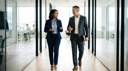 Fototapeta premium Two business professionals walking and talking in a modern office hallway