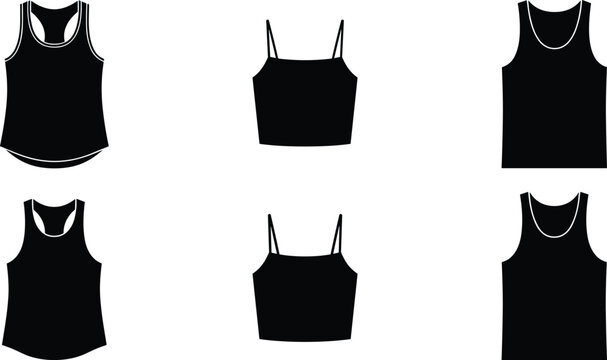Blank black tank top mockup set vector icon collection technical fashion illustration sleeveless shirt template outline garment clothing design
