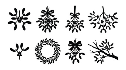 Christmas Mistletoe Silhouette Icon Set with Holiday Wreath Berries Twigs and Winter Festive Bows Isolated on White Background © selena