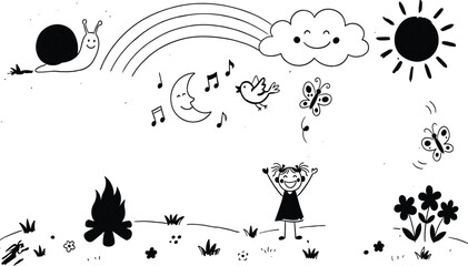 Whimsical Hand Drawn Doodle Set Featuring Happy Girl, Rainbow, Sun, Snail, Butterfly, and Nature Elements for Children’s Creative Design Projects © MSTNusrat
