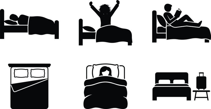 Bedtime routine and hotel stay vector silhouette icon set featuring sleeping waking up reading book double bed luggage isolated on white