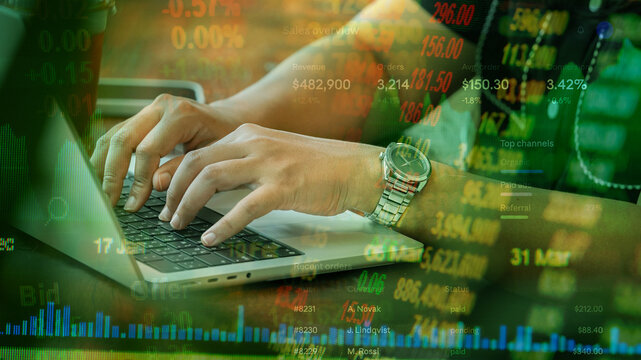 Hands Typing Keyboard, Financial Data and Analytics Overlay