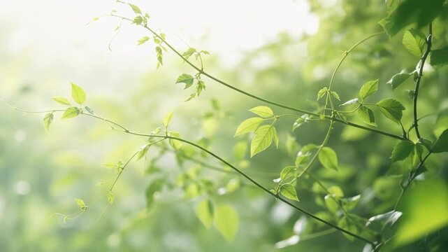 Delicate green vine with fresh leaves bathed in soft natural light