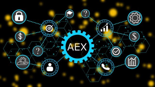 AEX, business concept. Modern business technology interface with gears and digital network icons. 4k animation video