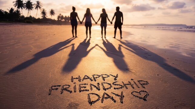 Four friends holding hands on beach at sunset for Friendship Day