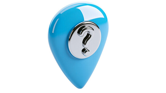 Shiny blue location pin with silver question mark emblem, isolated on transparent background
