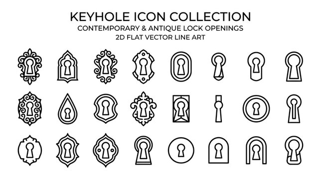 Keyhole Icon Collection: Antique & Contemporary Lock Openings, 2D Flat Vector Line Art