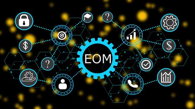 EOM, business concept. Modern business technology interface with gears and digital network icons. 4k animation video