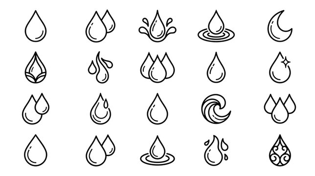Water Droplet Icons Set: Rain, Splash, Ripple, Moon, Sparkle, Wave, Drop