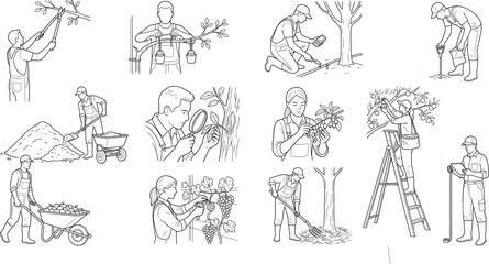 Fototapeta premium MobileAgriculture and gardening line art icons set featuring farmers pruning trees, harvesting fruit, and caring for crops