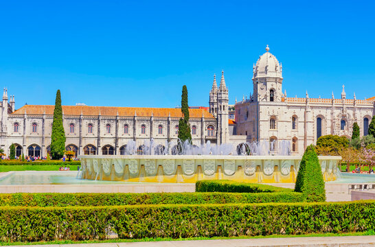 View of Empire square and Jeronimos Monastery in the distance, Belem, Lisbon, Portugal
