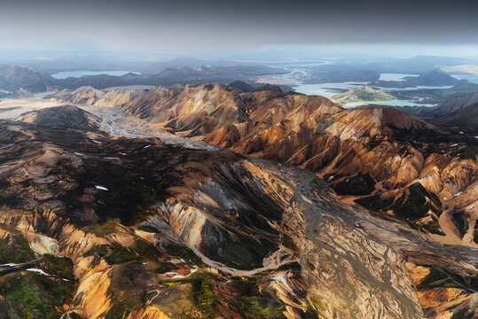 Aerial view of the colorful rhyolite mountains and volcanic highlands of Landmannalaugar, Icelandic Highlands.
