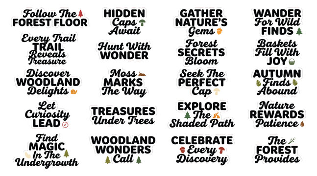 Set of woodland forest foraging and nature discovery inspirational quotes