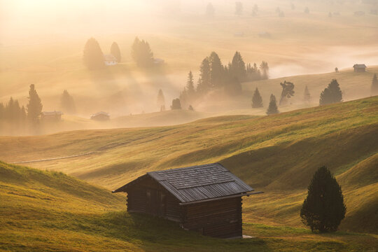 Traditional wooden huts at Alpe di Siusi, Dolomites, Trentino Alto Adige, Italy.