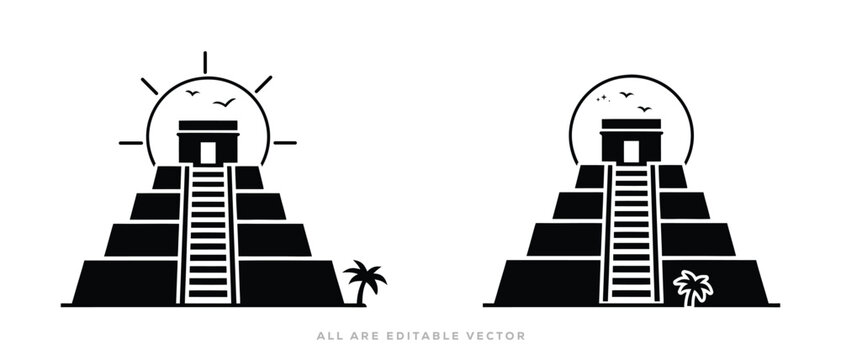 Chichen Itza pyramid icon vector silhouette with with sun, Palm Tree and bird vector illustration