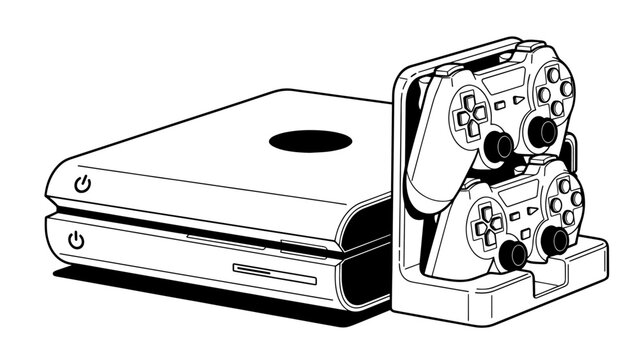 Black and white illustration of a classic gaming console with a retro tape deck accessory.