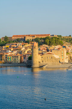 Looking towards The Church of Notre Dame des Anges, Port Coullioure, Collioure, Occitania, France
