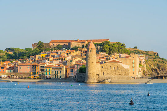 Looking towards The Church of Notre Dame des Anges, Port Coullioure, Collioure, Occitania, France